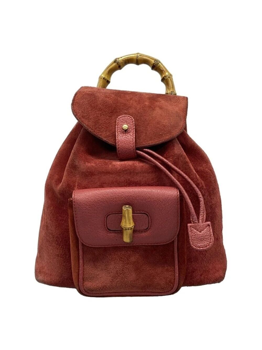 Authentic GUCCI Bamboo Red Suede Leather Backpack br343-112025